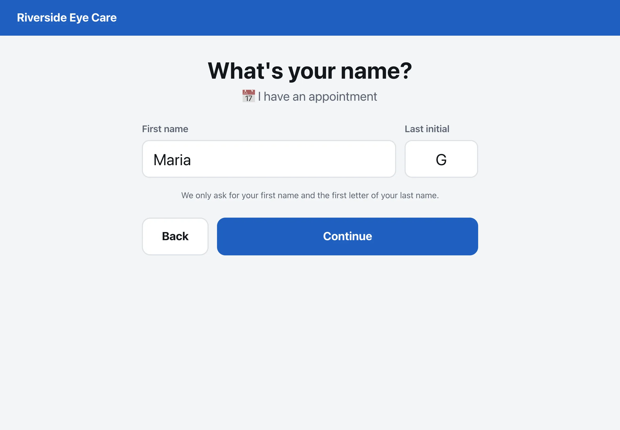 Kiosk asking for the patient's first name and last initial