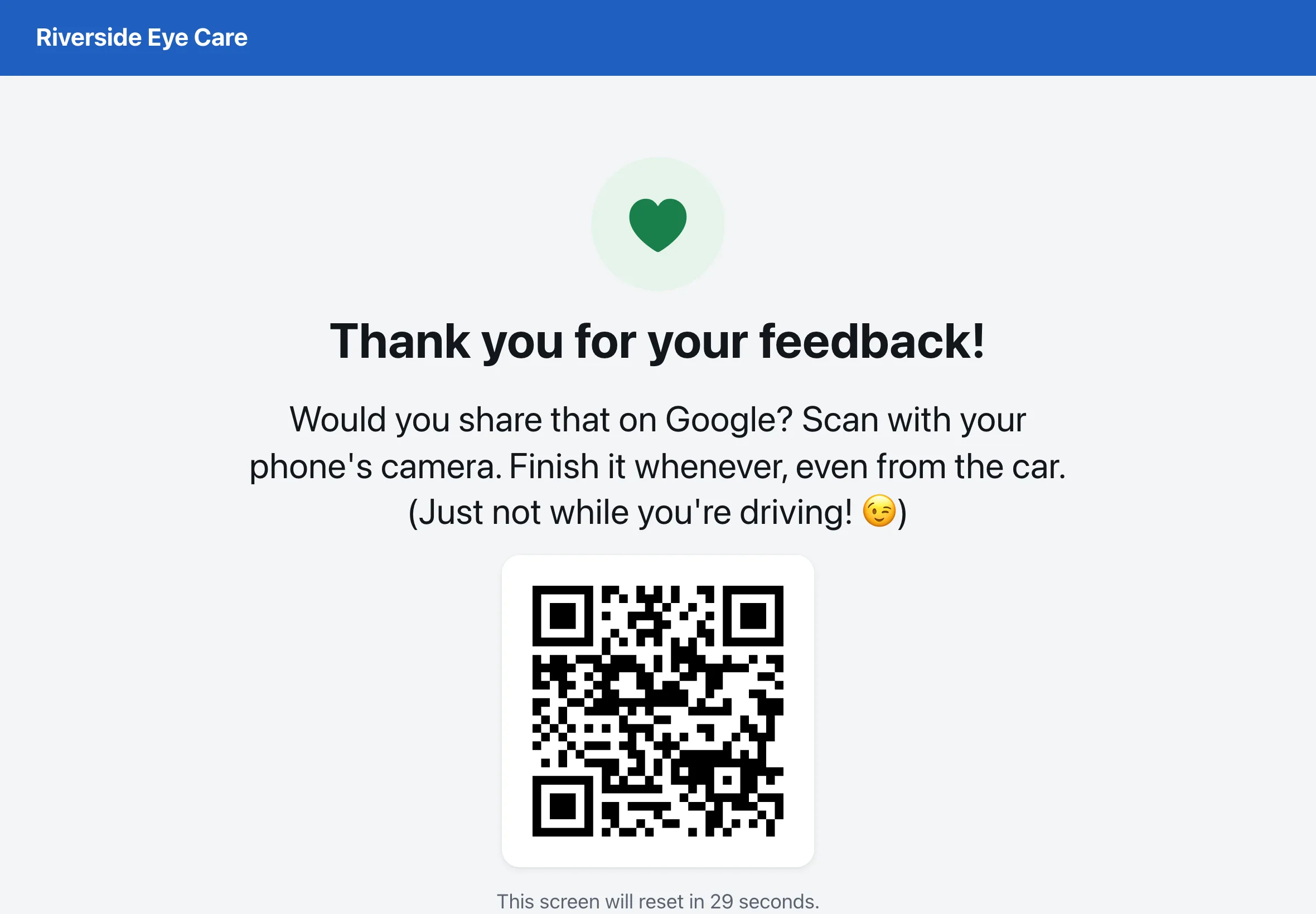 Thank-you screen with a QR code for leaving a Google review